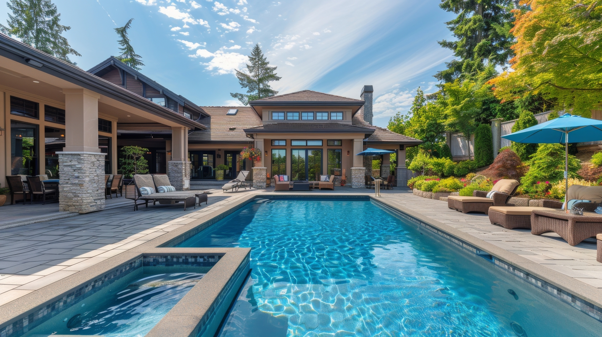 Backyard Oasis With Swimming Pool Surrounded by Greenery